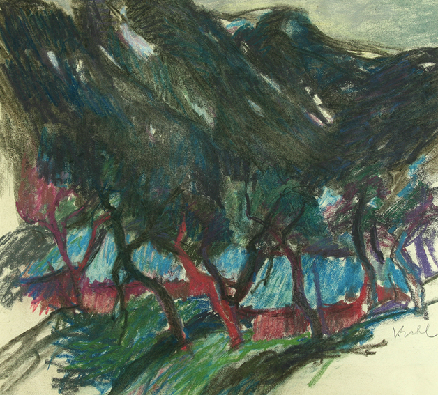 Farbkreidezeichnung von Vilma Eckl unter dem Titel Berg und Tal - Goisern