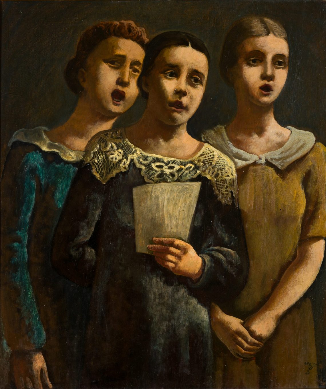 August Wilhelm Dressler, Three singing Girls, Oil on Plate, 70,5 x 60 cm.
