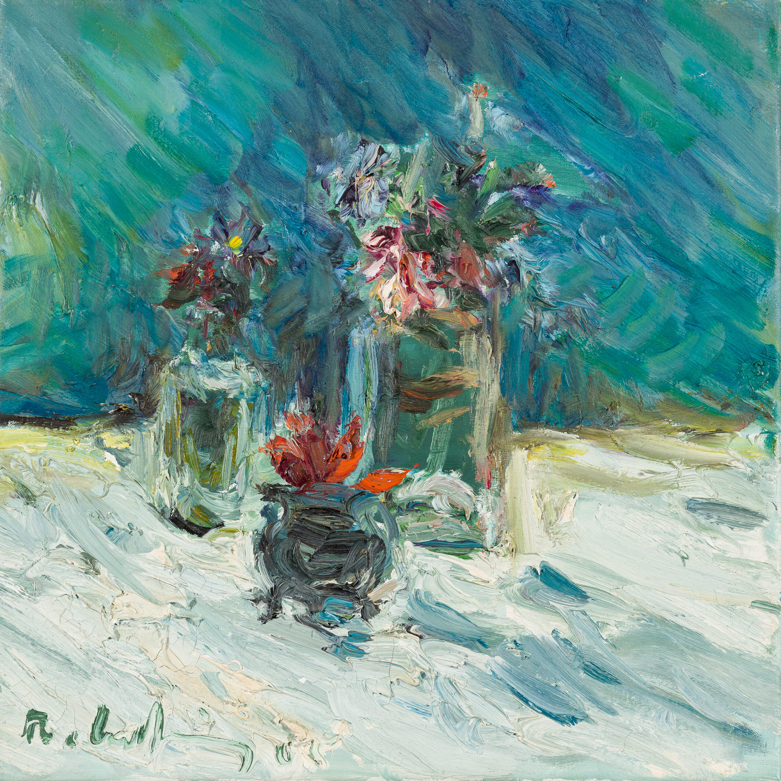 Roland Ladwig, Drei Blumenvasen vor blauem Hintergrund, 1985, 30 x 30 cm, Öl auf Leinwand
