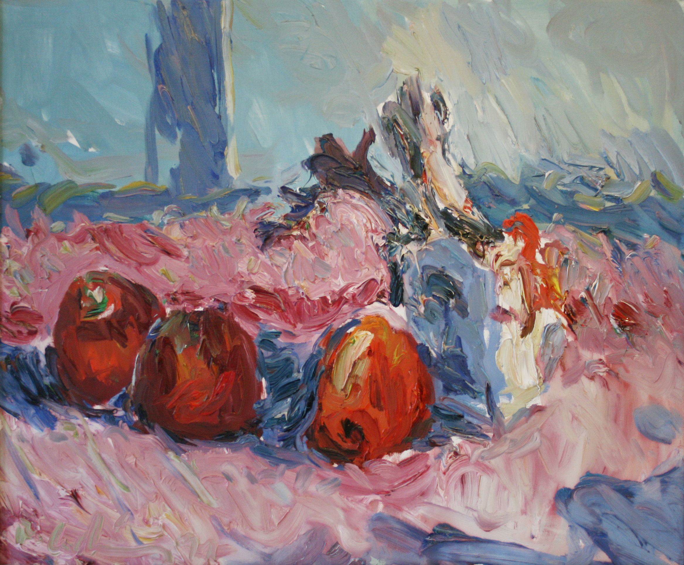 Roland Ladwig, Stillleben mit 3 roten Äpfeln, 1991, Öl auf Leinwand, 46 x 38,3 cm
