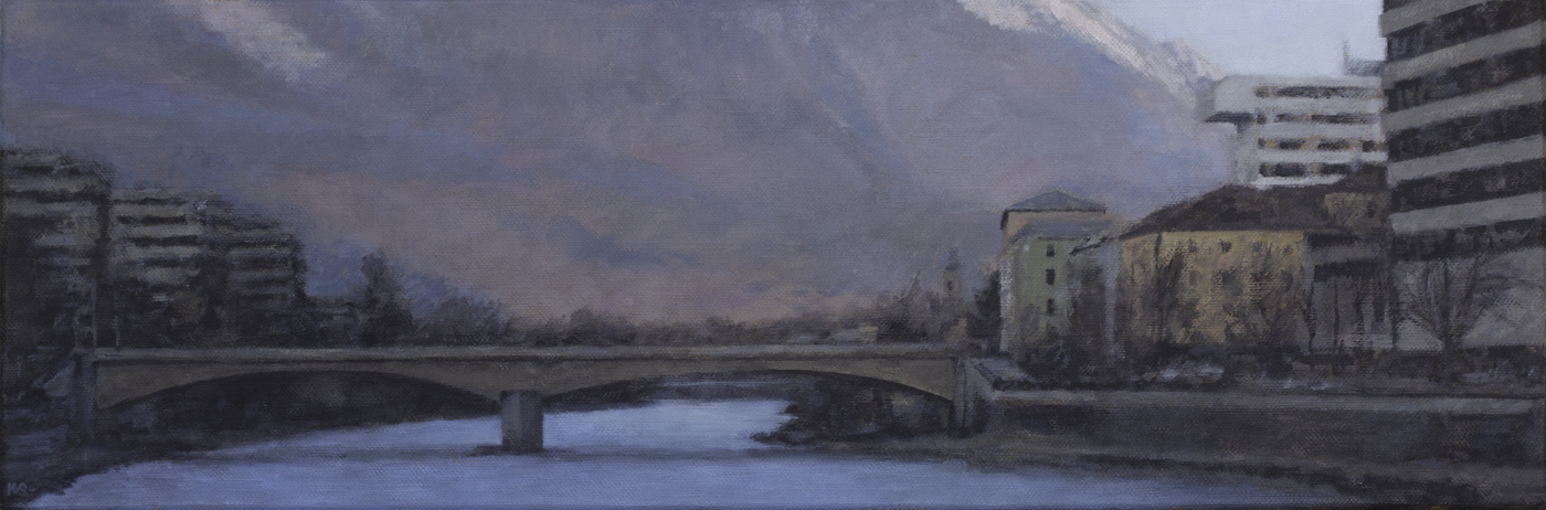 Walter Strobl „Vedute 2023 (Innsbruck)“, 2023, oil on canvas, 25 x 75 cm
