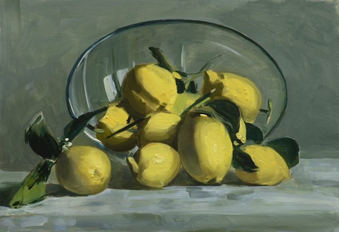 Alex Amann, Zitronen II, 2023, Öl auf Leinwand, 38 x 55 cm.
