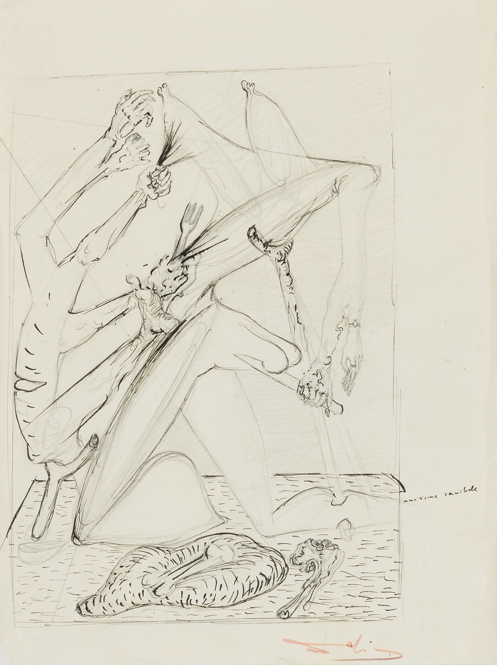 Salvador Dali, L’homme Cannibale,  ink pen sketch.








