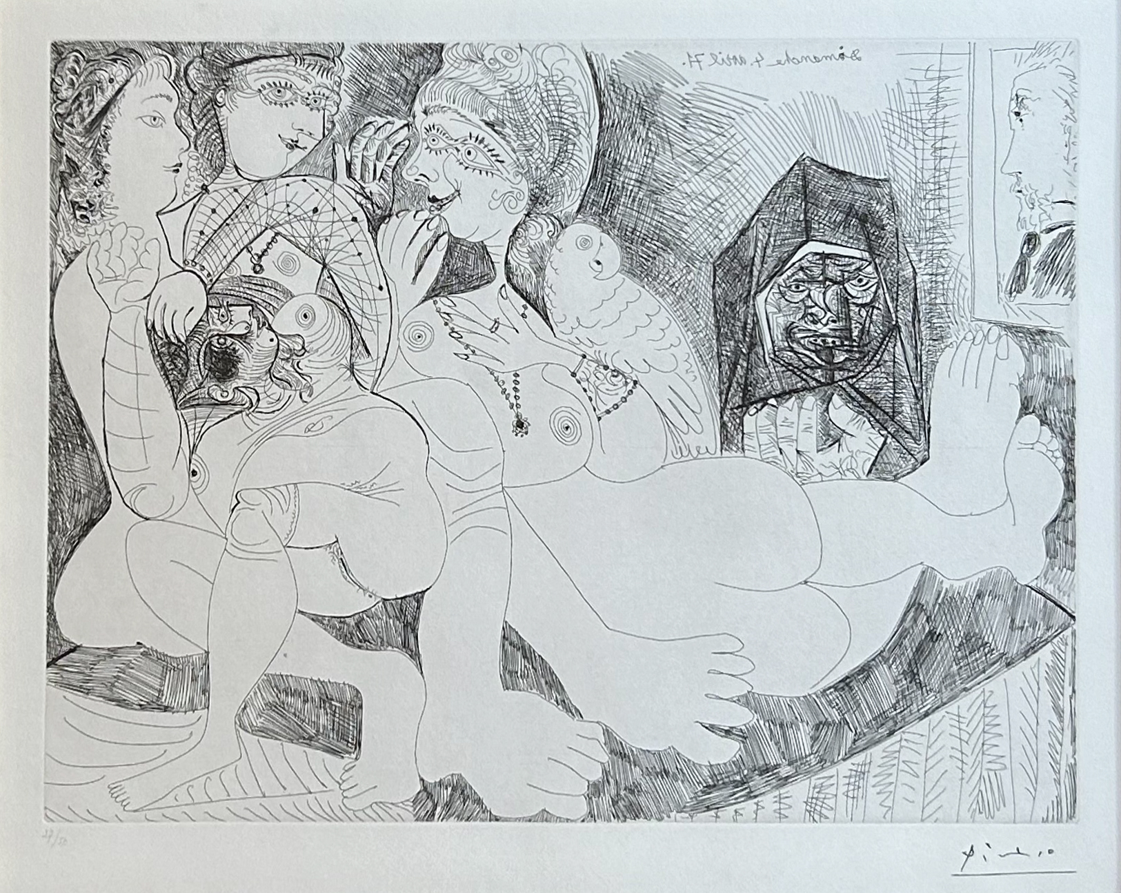 Pablo Picasso, Maison close. Bavardages, avec perroque, Célestine, et le portrait de Degas, 1971, Radierung, 36,7 x 49,4 cm, Pl.109 aus der Suite 156
