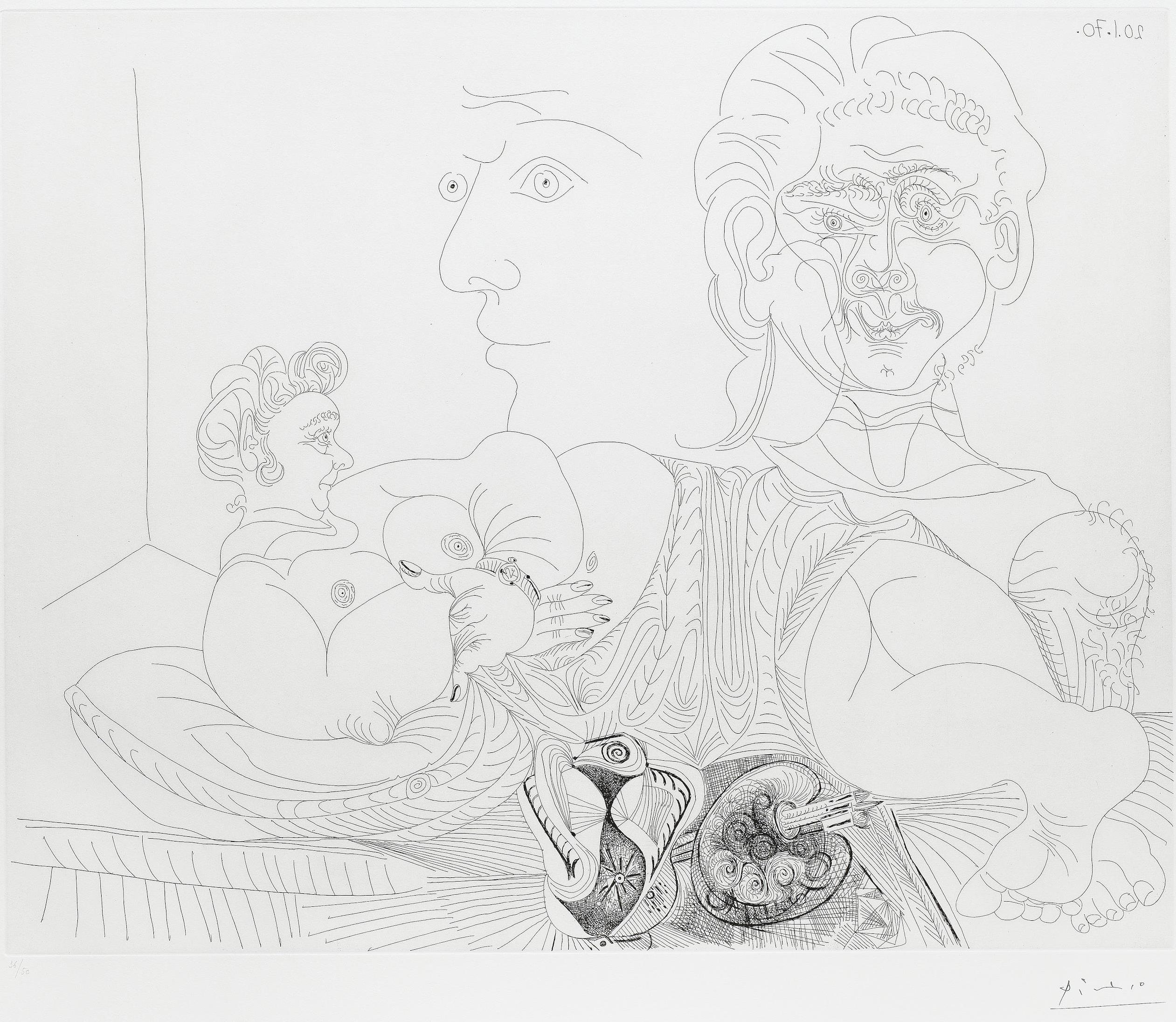 Pablo Picasso, Femme couchée et deux visages, 1970, etching, 18, x 23,3 in, from the Suite 156
