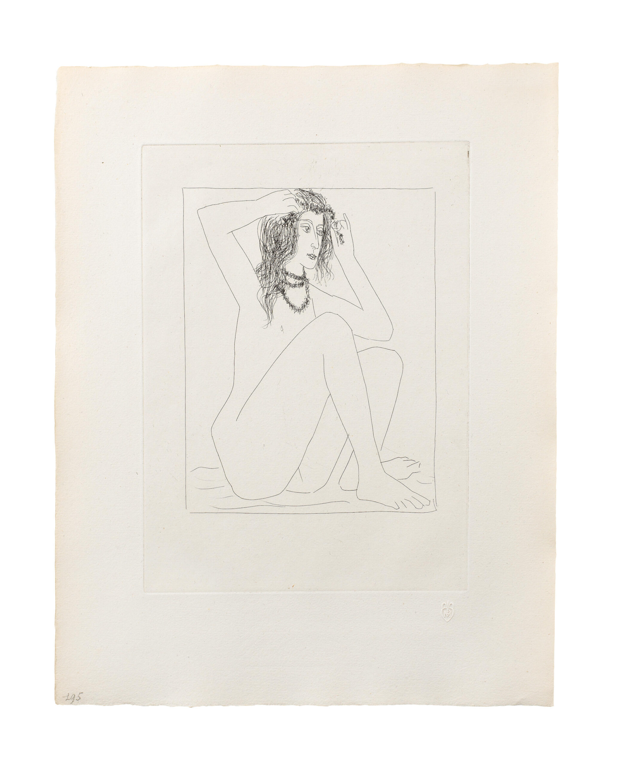 Pablo Picasso, Femme nue se couronnant de fleurs, 1930, drypoint etching, 12,3 x 8,7 in, from the Suite Vollard
