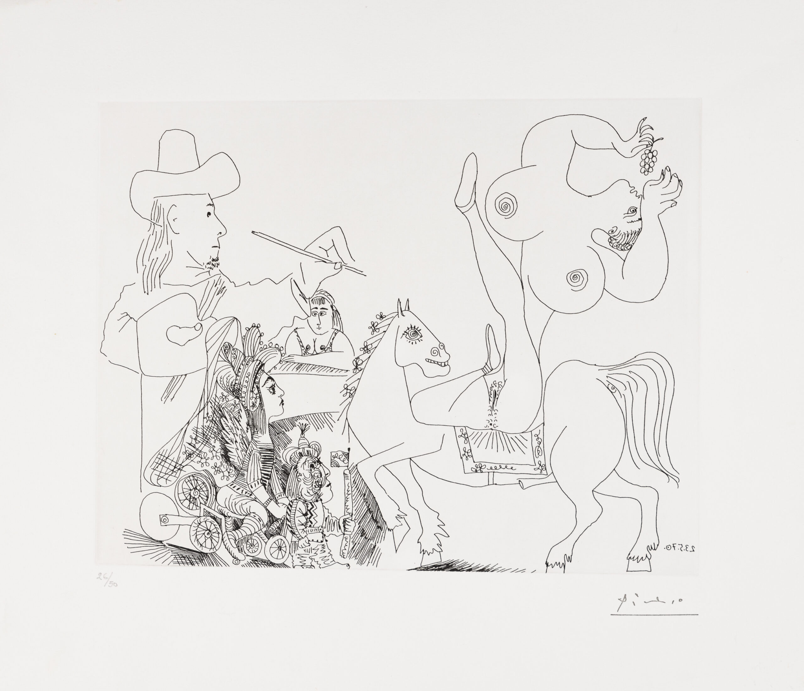 Pablo Picasso, Le peintre au cirque, 1970, drypoint, 18,5 x 16,3 in, Pl.55 from the Suite 156
