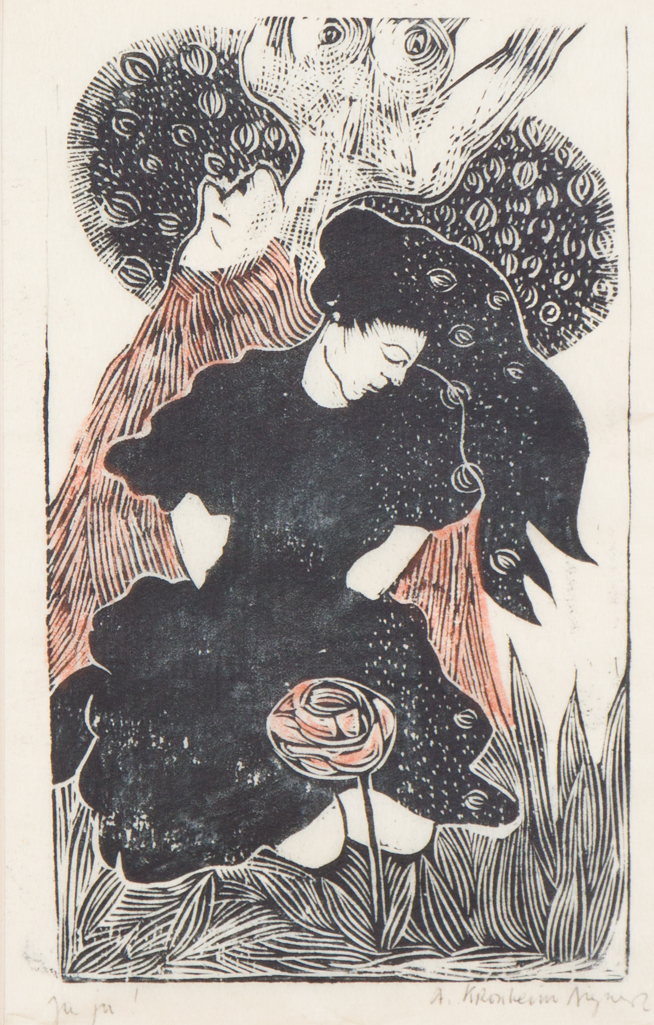 Auguste Kronheim, Ja Ja!, from the cycle „Liebesengel“, 1966, woodcut, 10,83 x 6,89 in
